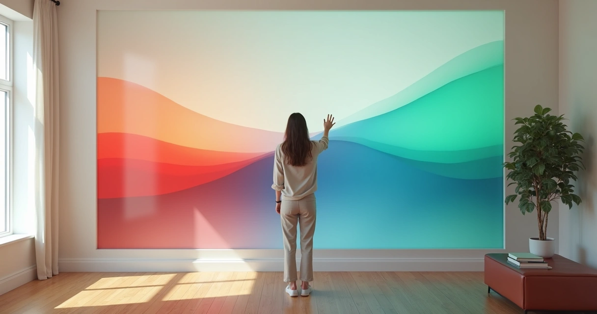 Pessoa diante de mural com ondas coloridas representando diferentes emoções 