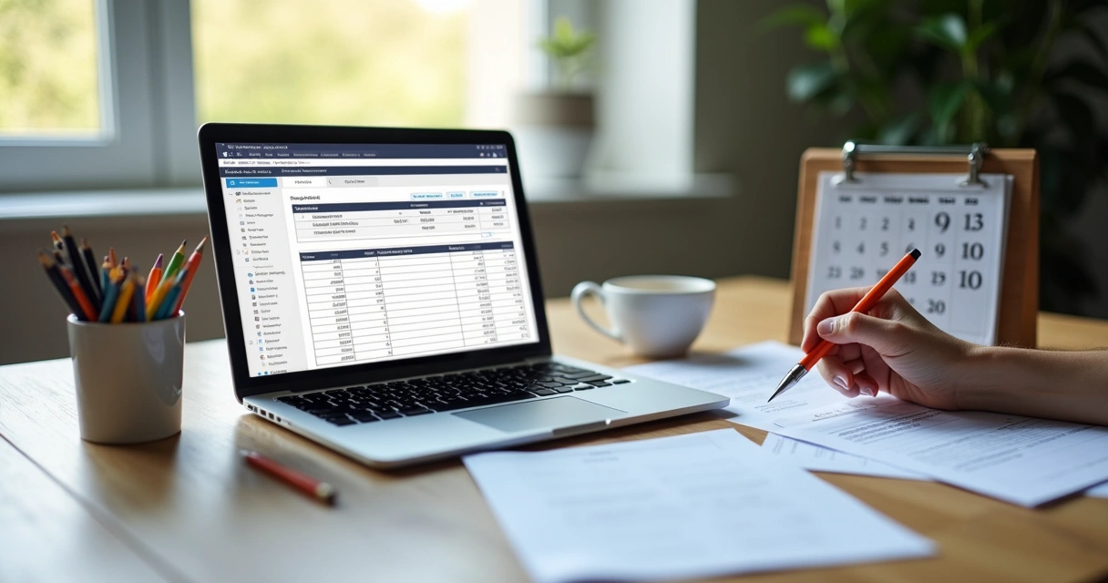 Mesa de escritório com notebook, anotações de controle financeiro e calendário ao lado