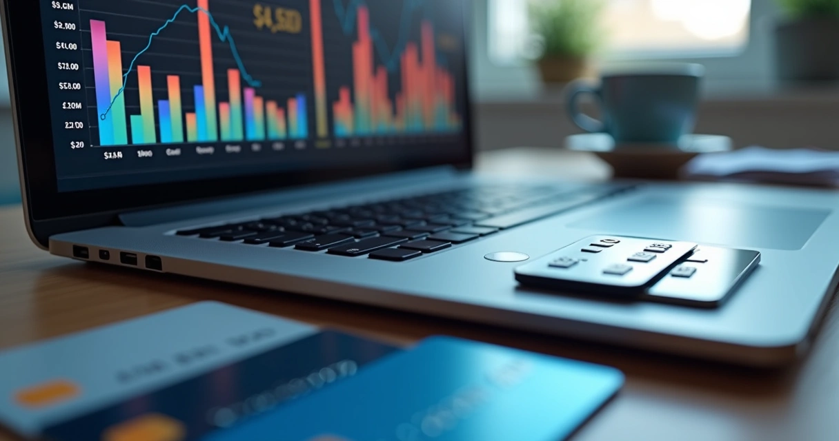 Tela de computador mostrando gráficos financeiros digitais com cartões e notas fiscais ao redor 