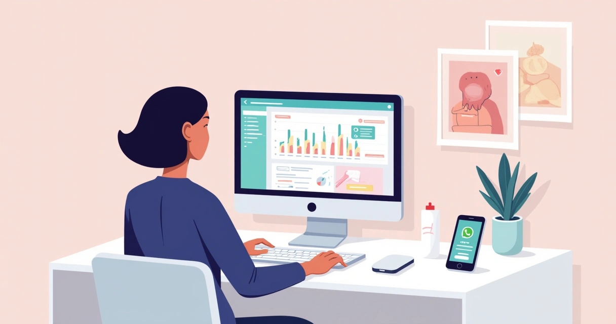 Profissional de depilação usando notebook com gráfico de recorrência de clientes na tela 