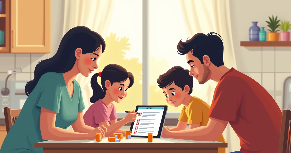 Pais e filhos sentados juntos olhando lista de remédios no tablet 