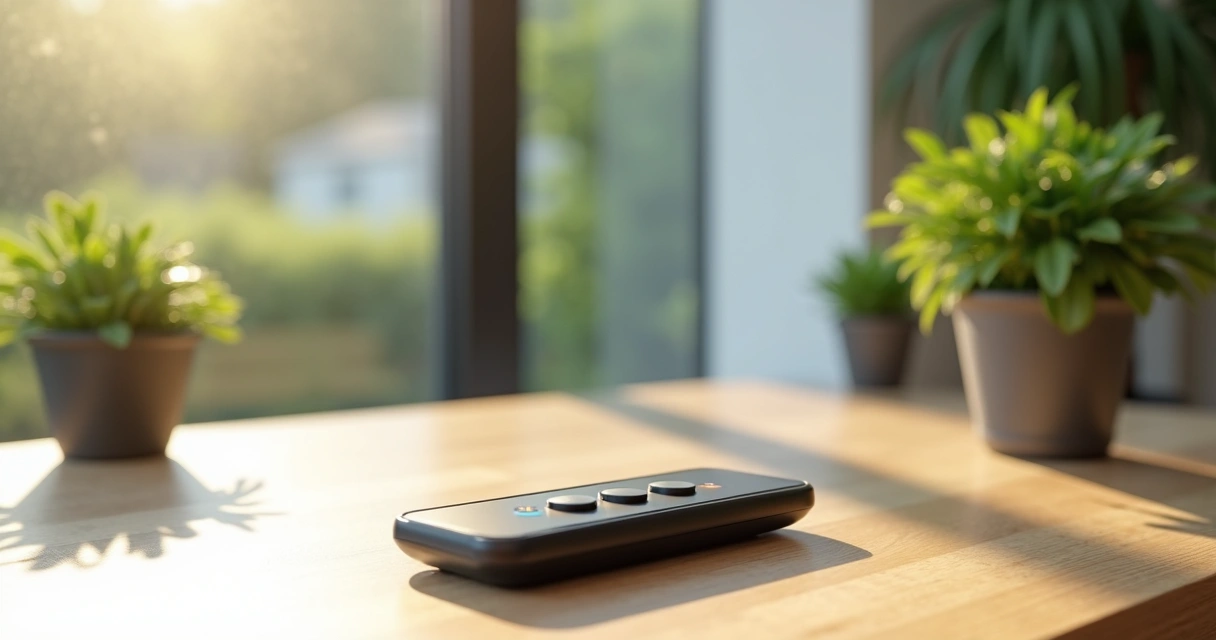 Acionador remoto moderno em cima de uma mesa de madeira clara ao lado de plantas pequenas 