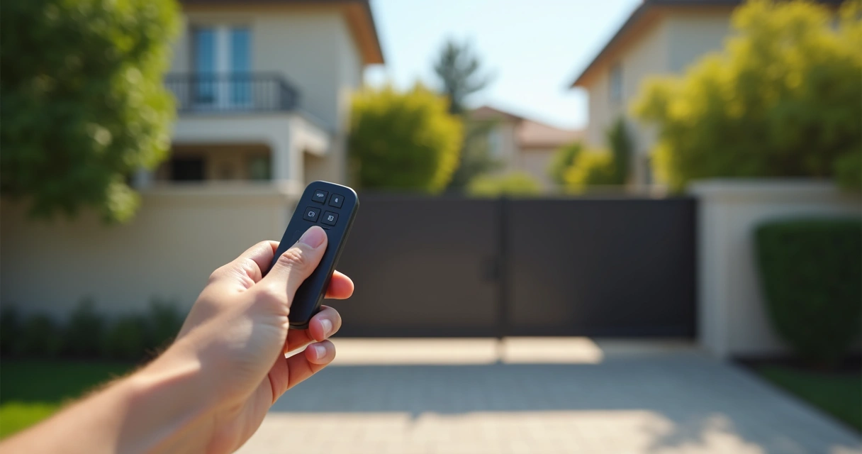 Mão segurando controle remoto de portão eletrônico