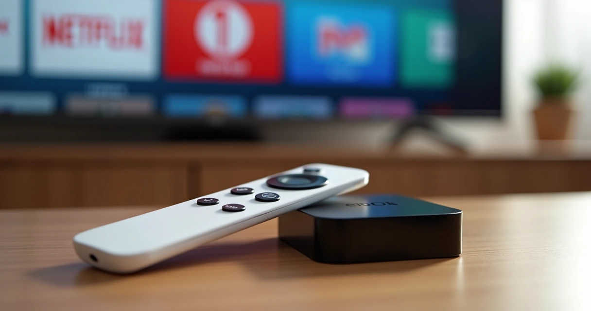 Controle remoto branco ao lado de TV Box e televisão, com ícones de aplicativos na tela 