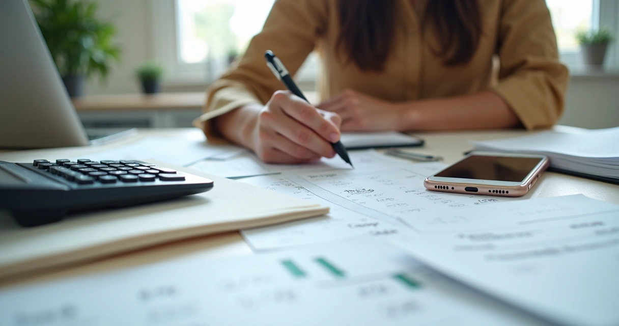 Pessoa organizando registros de renda em mesa com celular e caderno 