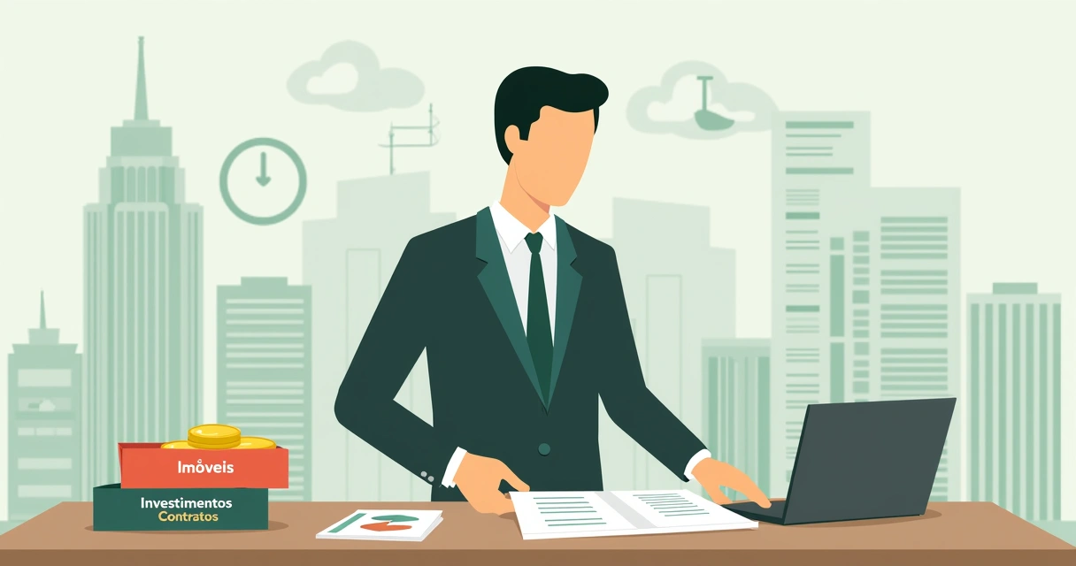 Homem organizando documentos de imóveis e investimentos 