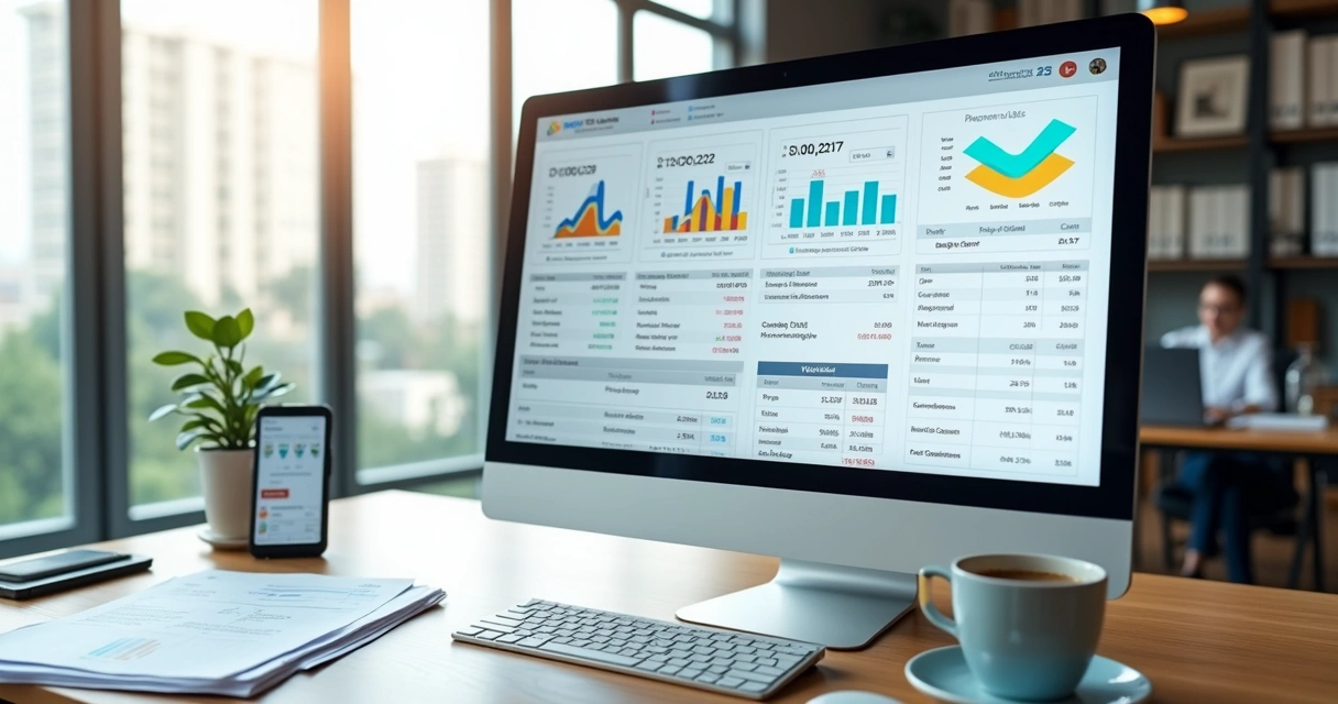 Tela de computador mostrando painel detalhado de controle financeiro de repasse de aluguel com gráficos, boletos eletrônicos e relatórios em um ambiente de escritório moderno