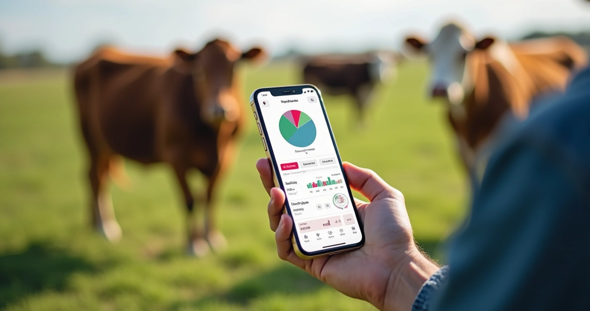 Tela de aplicativo de gestão de rebanho mostrando gráficos de reprodução animal 