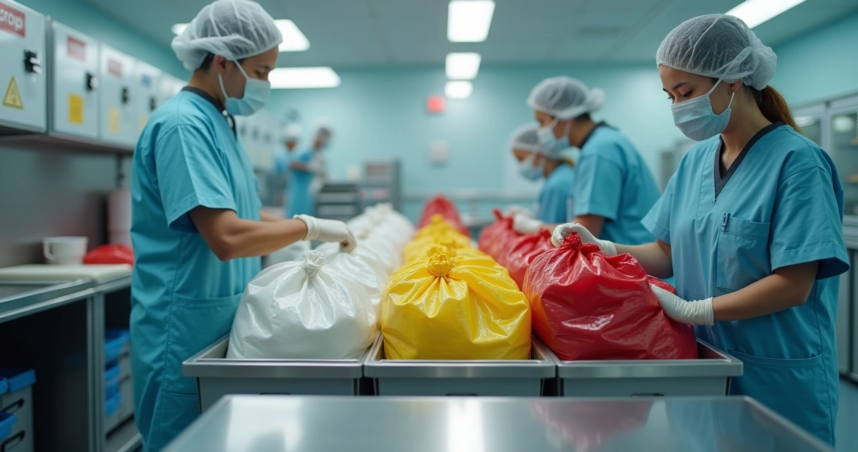 Equipe hospitalar separando resíduos em sacos de ráfia