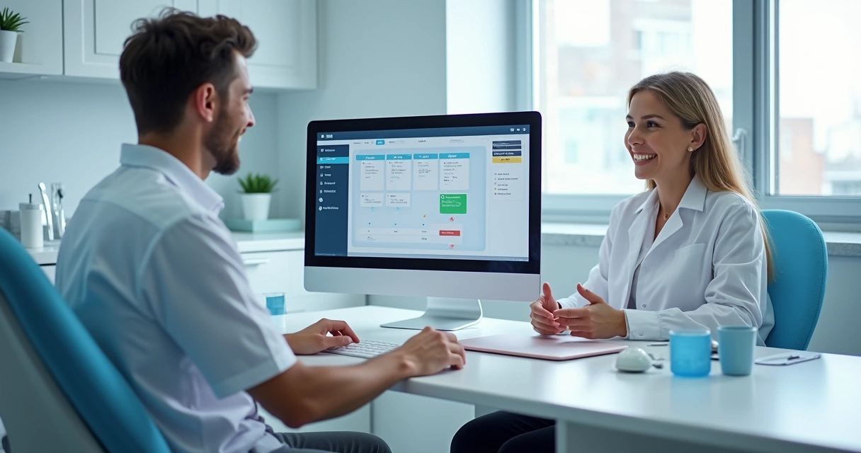 Tela de computador exibindo sistema odontológico, dentista e paciente conversam em mesa ao fundo 