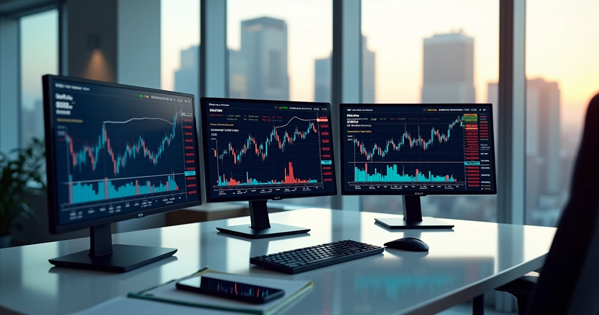 Mesa de operação financeira exibindo gráficos e ferramentas para hedge cambial em ambiente corporativo moderno 