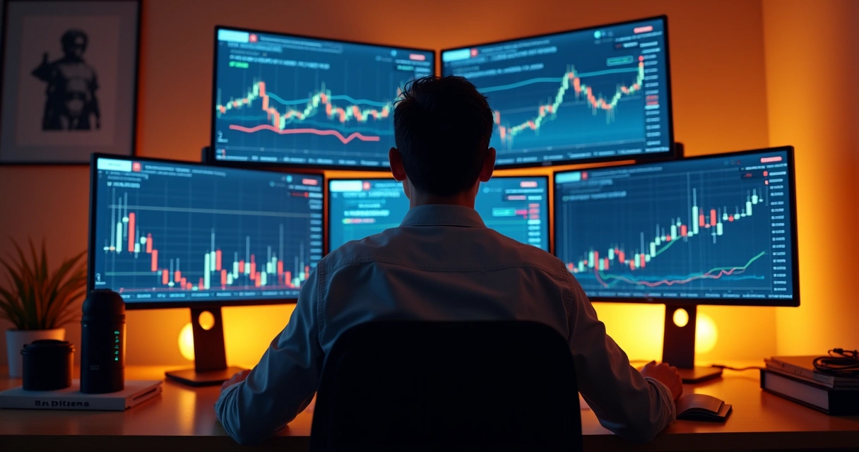 Pessoa monitorando diferentes painéis de investimentos e riscos em tela grande 