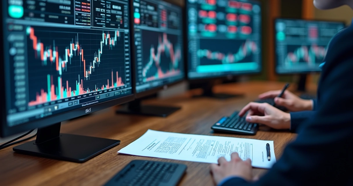 Mesa de negociação financeira com gráficos de câmbio em telas, contrato e calculadora sobre mesa de madeira 