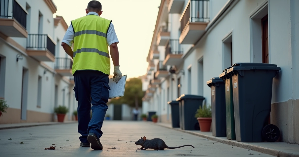 Técnico de controlo de pragas inspecciona zona com rato morto perto de contentores num pátio urbano 