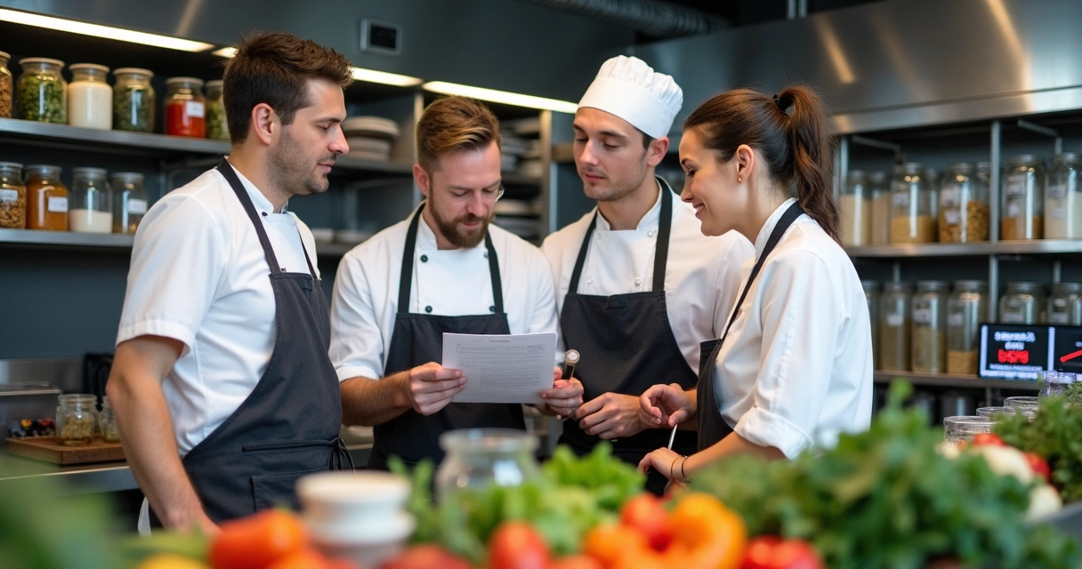 Equipe de cozinha conferindo um checklist impresso