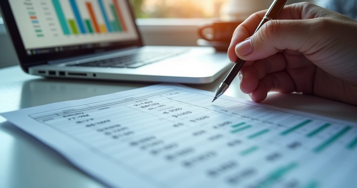 Gráfico colorido com barras representando saídas de caixa ao lado de uma planilha financeira digitalizada 