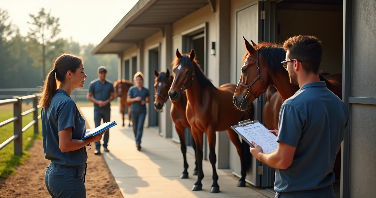 Equipe de manejo verifica documentos e saúde de cavalos 