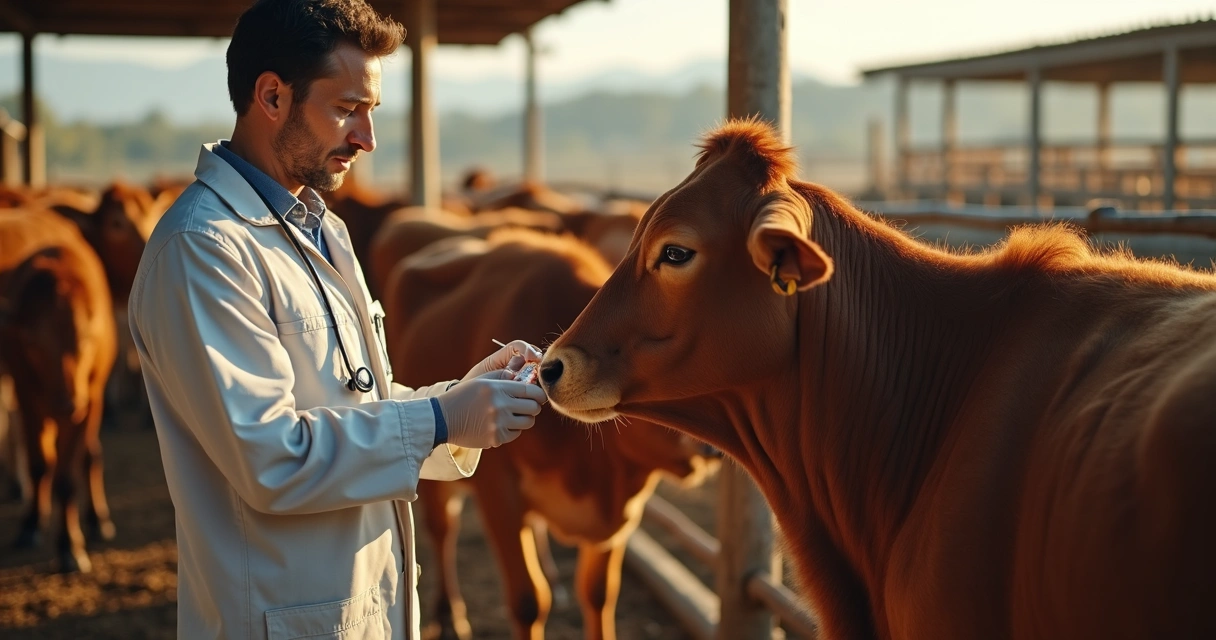 Veterinário aplicando vacina em boi no curral 