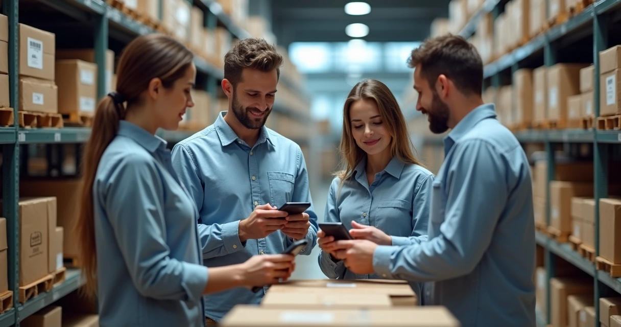 Equipe de estoque utilizando sistema digital para separar pedidos