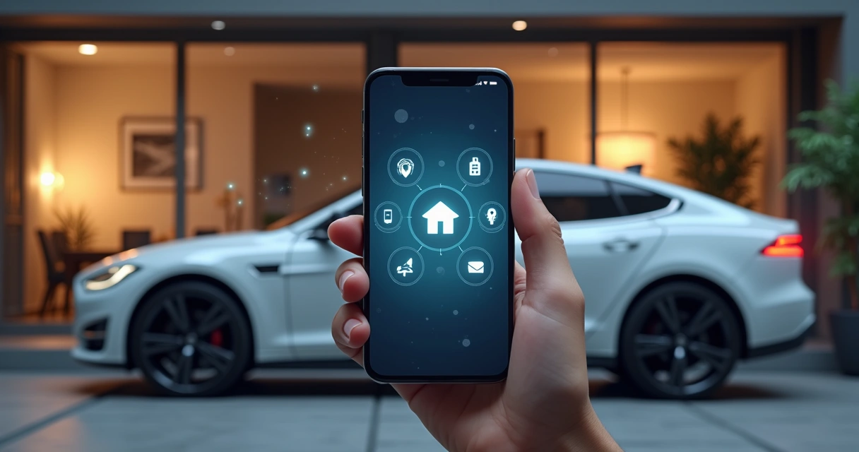 Smartphone exibindo aplicativo de controle doméstico com carro moderno ao lado, sala iluminada e dispositivos conectados ao fundo 