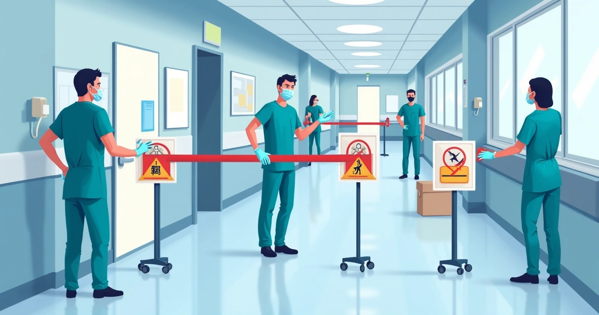 Programa nacional de controle de surtos em serviços de saúde 2 Corredor hospitalar com equipes adotando barreiras de contenção