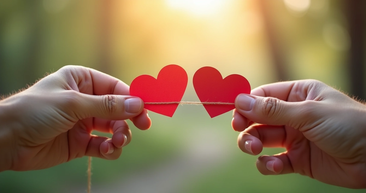 Mãos segurando levemente uma pequena corda conectada a dois corações de papel. 