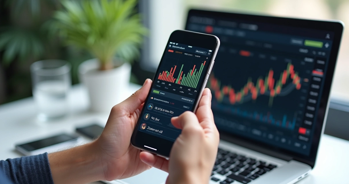 Mão segurando celular com gráficos financeiros e laptop ao fundo.