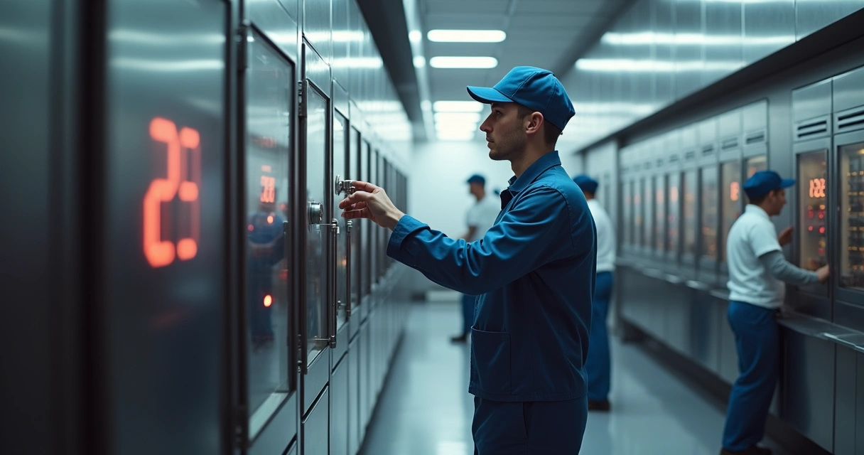 Técnico checando painel de controle de temperatura em cozinha industrial