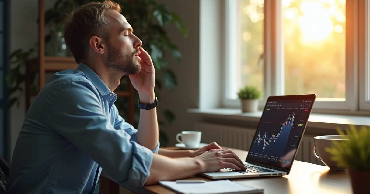 Pessoa fechando um notebook diante de gráficos, respirando fundo ao lado de uma janela ensolarada 