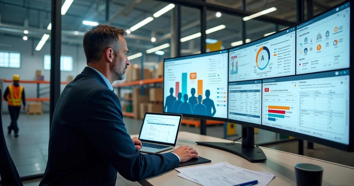 Gestor de terceirizada de SST monitorando treinamentos e conformidade em painel digital 