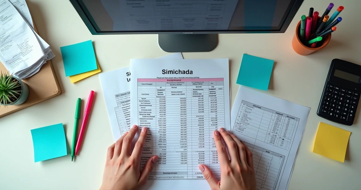 Pessoa analisando controle tributário em planilha no computador e recibos ao lado