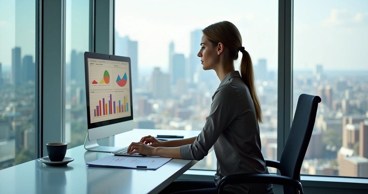 Psicóloga utilizando computador para controle tributário 