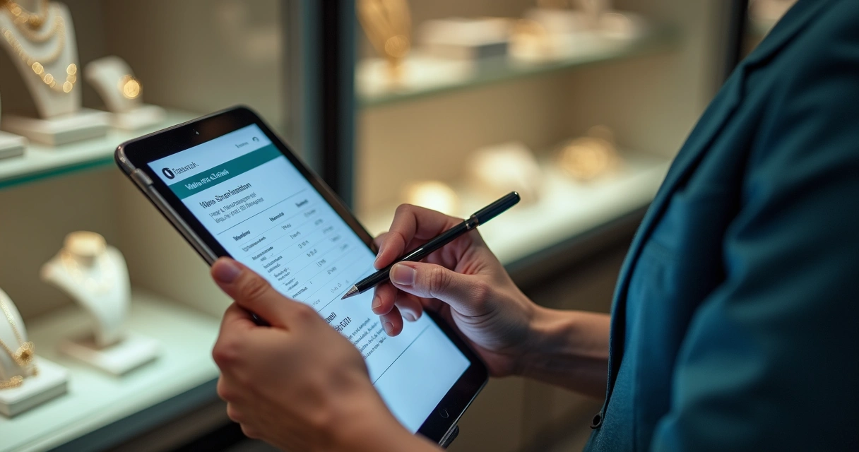 Funcionária registrando processo de devolução em sistema digital com joias de luxo ao fundo 