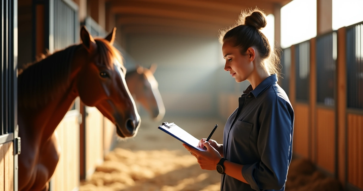 Gestor de haras atualizando caderno de vacinas ao lado de cavalos no estábulo 