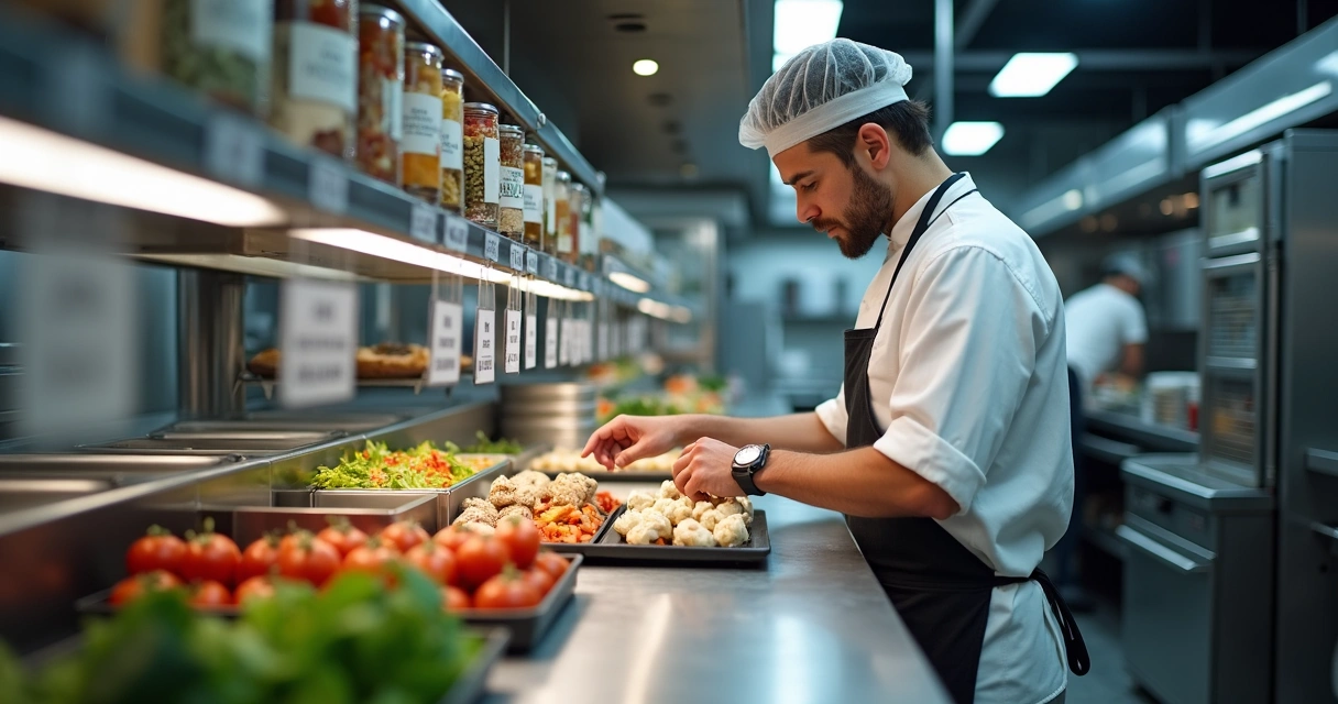 Estação de trabalho em cozinha profissional com etiquetas de validade visíveis 