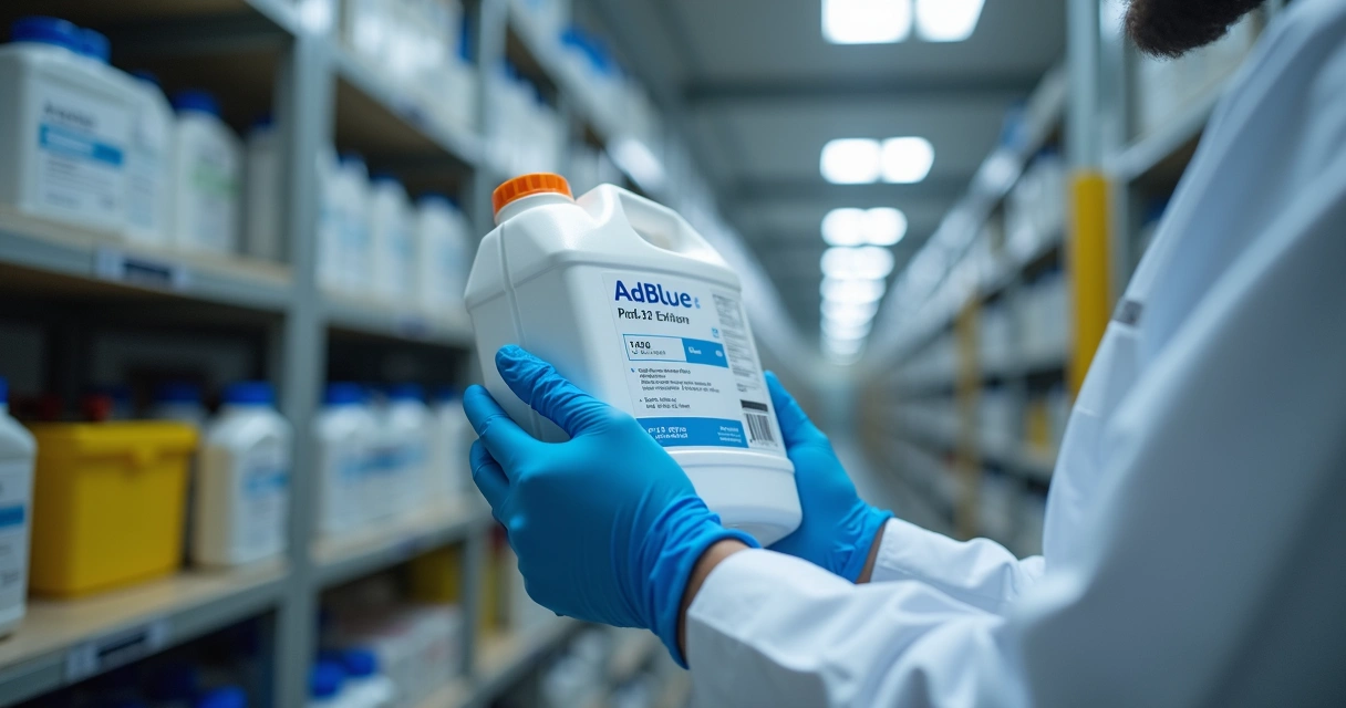 Técnico verificando validade de bombona de Arla 32 em local protegido e limpo