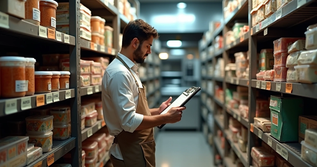 Gestor conferindo datas de validade em prateleira de estoque de restaurante 
