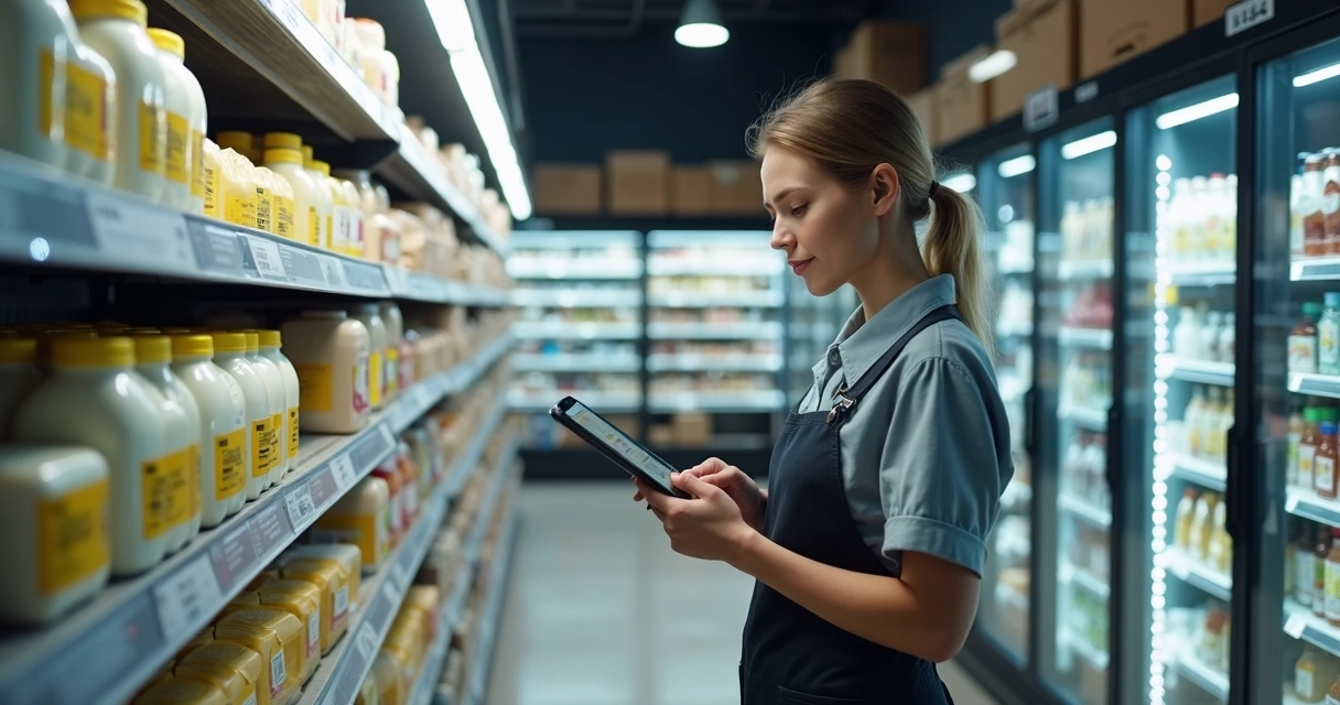 Funcionário em supermercado verifica validade de produto no estoque