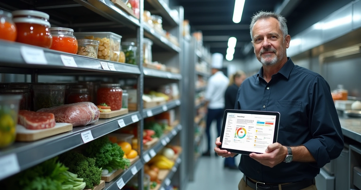 Gestor de restaurante verificando datas de validade em prateleiras de estoque refrigerado 