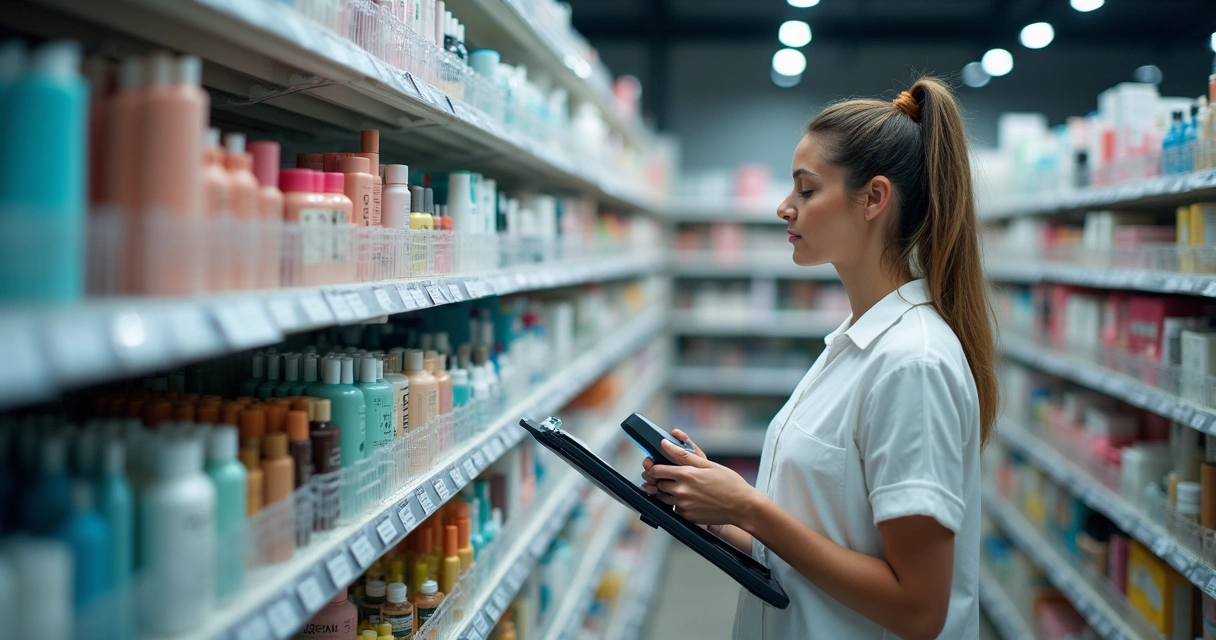 Gestor conferindo prateleira de cosméticos com etiquetas de validade 