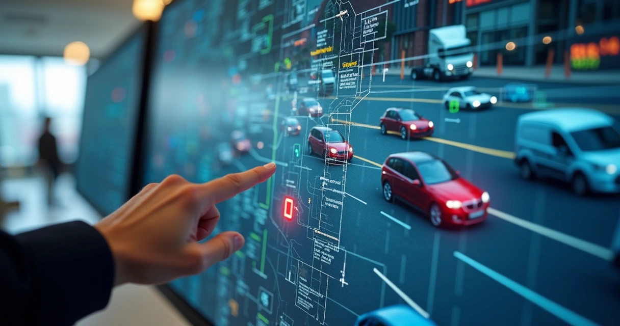 Mapa virtual de pátio com veículos rastreados, indicado em painel digital