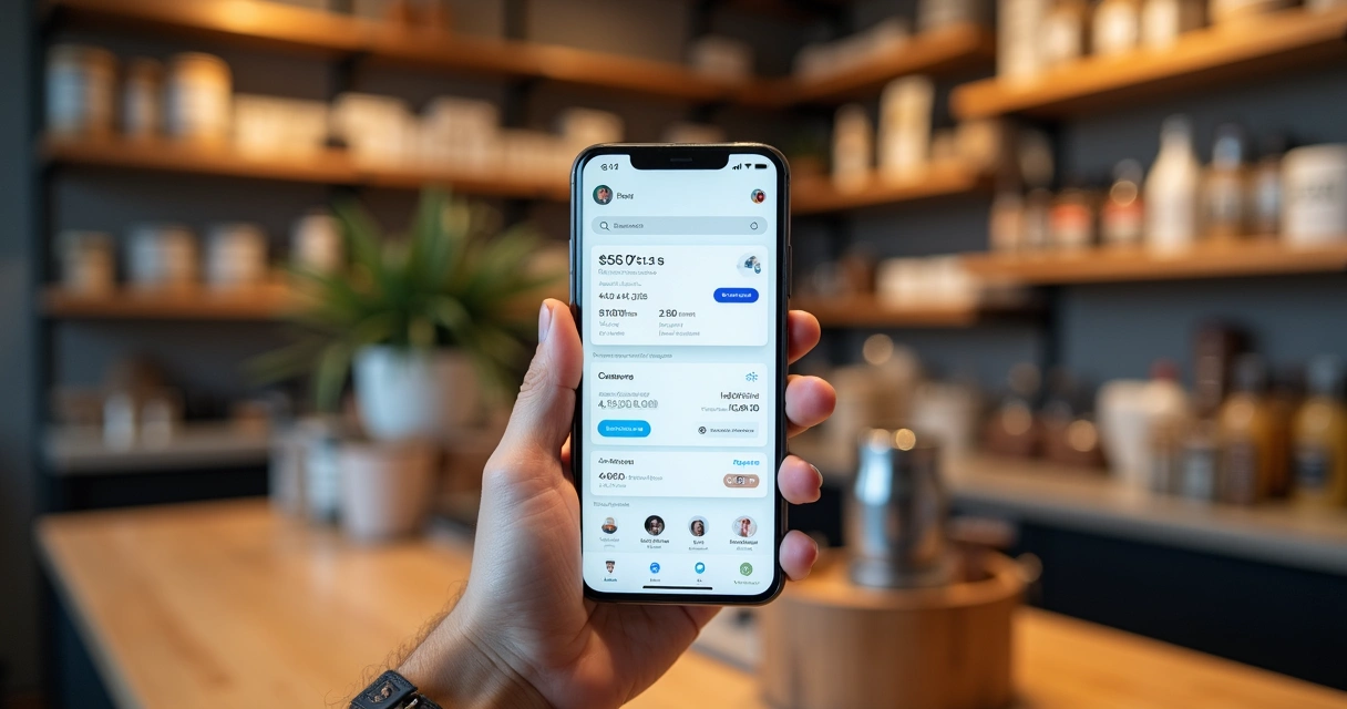 Tela de smartphone mostrando vendas, estoque e clientes. 