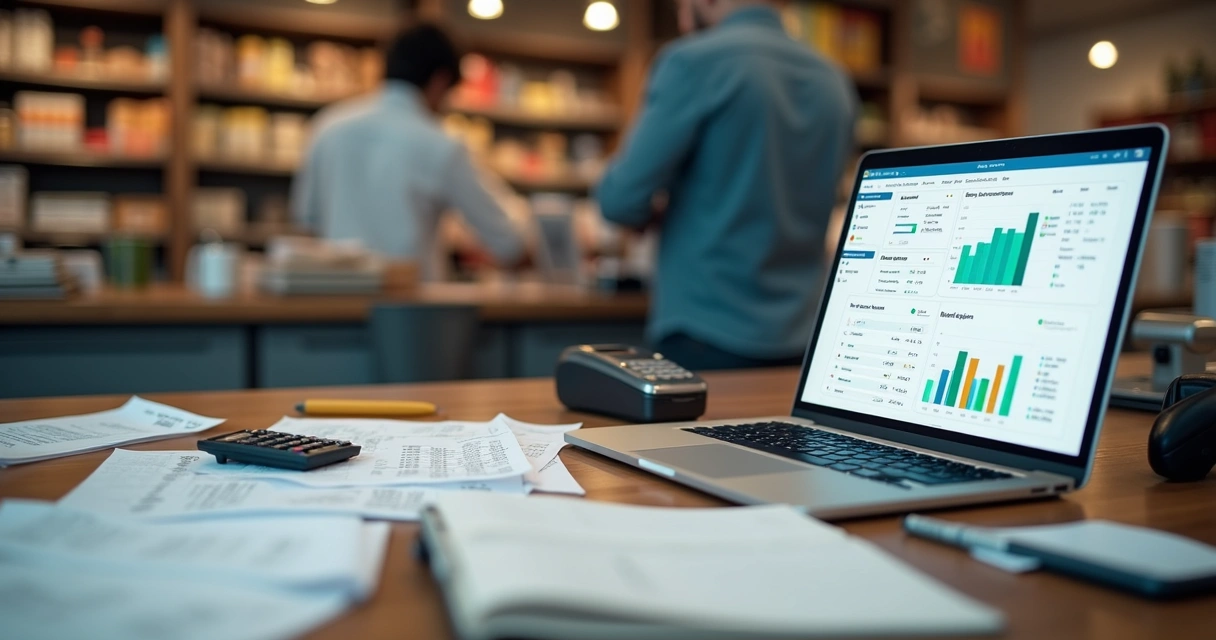 Comparação entre planilha em papel e sistema de gestão de vendas em notebook em balcão de loja pequena 