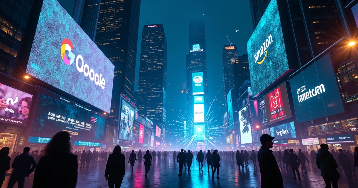 Mural digital mostrando vigilância eletrônica e manipulação de dados por grandes empresas de tecnologia 