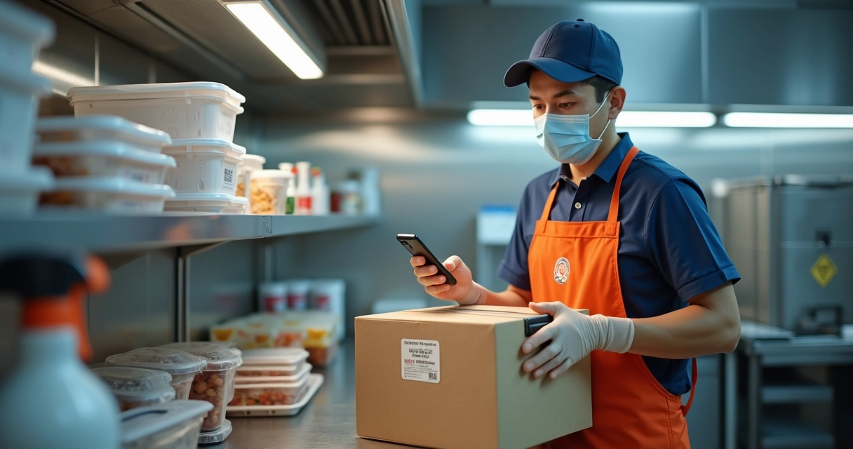 Entregador conferindo embalagem de comida com selo de vigilância sanitária em ambiente limpo e organizado 