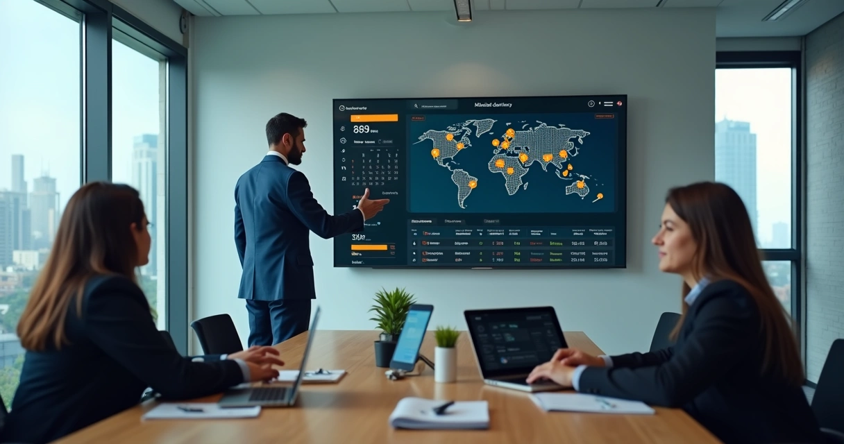 Gestor imobiliário acompanhando painel digital de controle de visitas a imóveis 