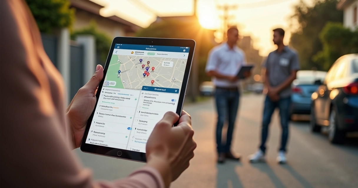 Liderança política registra visita de rua em tablet com mapa aberto 