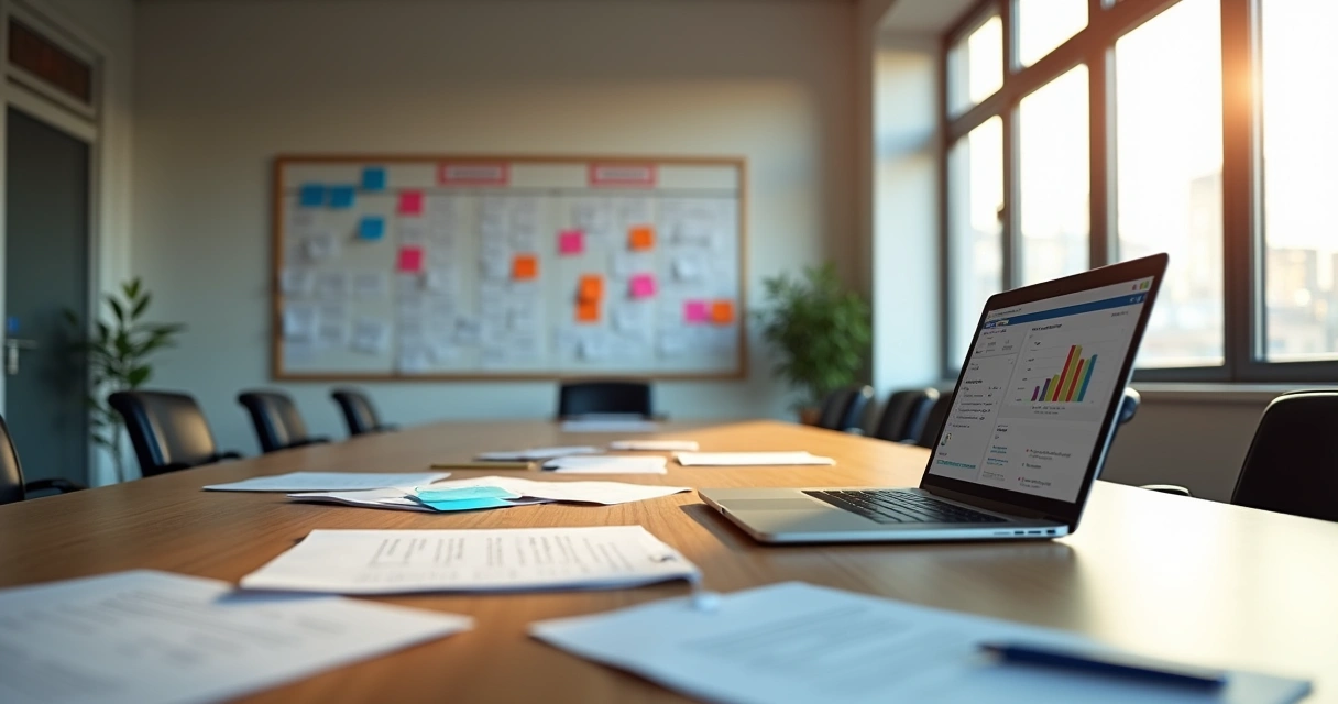 Sala de reunião com quadros de atividades pendentes e arquivos em uma mesa 