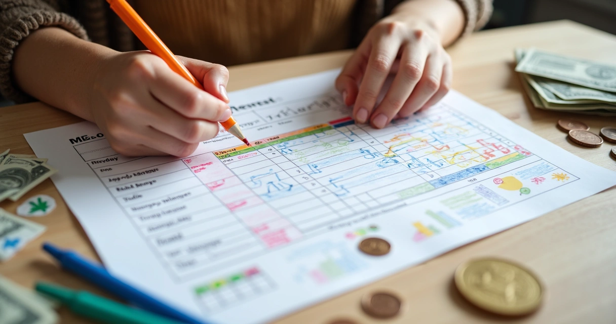 Quadro de orçamento financeiro caseiro com gráficos coloridos desenhados à mão