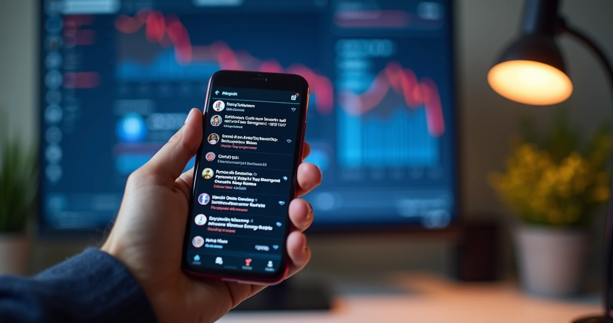 Mão segurando smartphone mostrando alertas de alcance limitado em postagens do Facebook com gráficos de alcance em queda no fundo 
